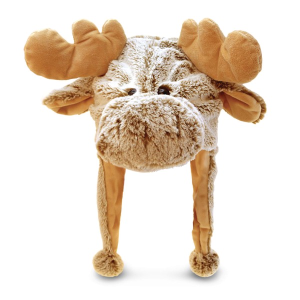 DolliBu Brown Moose Plush Hat - Super Soft Warm Hat With Ear Flaps, Funny Plush Party Crazy Hat, Stuffed Animal Moose Halloween Costume Toy Hat, Cozy Fleece Winter Hat For Kids & Teens - One Size