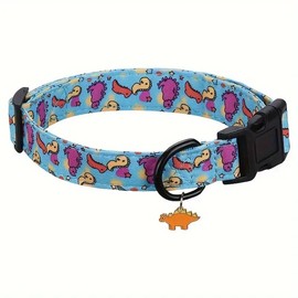 Adjustable Soft Polyester Dog Collar: Featuring a Cute and Adorable Special Design, Perfect for Small, Medium, & Large Dogs. Durable, Comfortable, and Ideal for Everyday Use Blue Dinosaur Small
