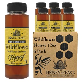 HONEY FEAST Wildflower Honey 12OZ (Pack of 6) - Raw Honey Multipack, Naturally Unfiltered, Perfect for Tea and Kitchen Use