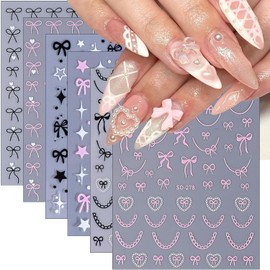 6Sheets Star Bow Nail Stickers 3D Self Adhesive Black White Pink Bows Heart Nail Decals Lace French Tip Nails Art Stickers Cute Bow Charms Sticker Star Nails Design Supplies for Women Girls Manicure