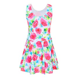 Traje de baño para niñas, de una pieza, sin mangas, con falda, vestido de baño de verano con protección solar UPF 50+, Rosa Blanco Verde, 4-5T