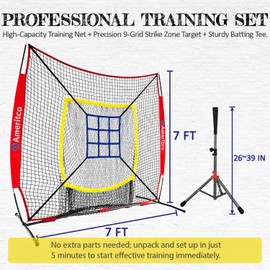 Ameritco Baseball Net，7x7ft Baseball Practice Net with Tee and Target, Large Pocket Sports net for Hitting/Batting/Pitching/Throwing,Scratch Resistant Base,Indoor/Outdoor Versatile Use for All Levels