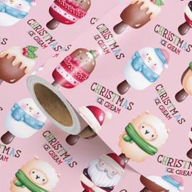 WRAPAHOLIC Ice Cream Christmas Wrapping Paper - Mini Roll - 17 Inch x 16.5 Feet - Cute Pink Christmas Ice Cream Wrapping Paper for Xmas Holiday, Party Celebration