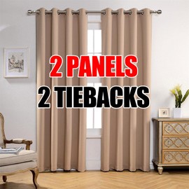 MIUCO Room Darkening Soild Grommet Blackout Curtains for Kids Bedroom Window Curtains Set of 2 52x84 Inch Taupe, Bonus 2 Tie Backs Included