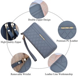 Women's Wallet with Double Zip, Polyurethane Leather Phone Wallet, Large Capacity, Long Clutch Purse with Multiple Card Slots and Wrist Strap, Grey (grey 1)