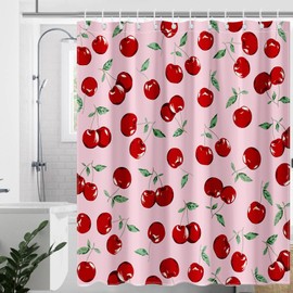 Mocsicka Pink Cherry Shower Curtain Cute Fruit Bathroom Shower Curtain Red Cherry Waterproof Fabric Bathtub Curtain Decor with 12 Hooks 72 X 72 Inches (Pink)