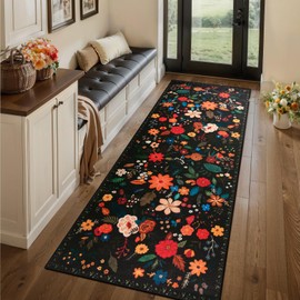 Tangsoo Runner Rug Hallway 2x6 Washable Carpet Runner Boho Vintage Floral Distressed Print Non Slip Soft Low-Pile Indoor Rug for Kitchen, Entryway, Bedroom, Laundry, Hallway Runner (Black)