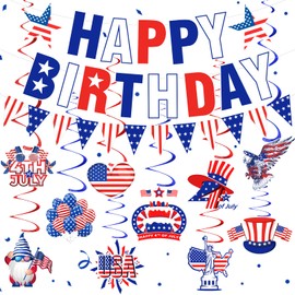 4th of July Birthday Decorations Patriotic Red White and Blue Fourth of July Independence Day Birthday Banner Swirls American Stars Stripes Flag Garland for Independence Day National Day Supplies