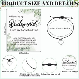 Haiabei 6 Pcs Wedding Bridesmaid Bracelet for Women Will You Be My Bridesmaid Wish String Bracelet Bridal Party Heart Bracelets Bulk with Greeting Card for Wedding Party