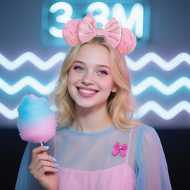 bianbaistar Pink Velvet Mouse Ears Headband, Matte Bow & Colorful Pearlescent Accents for Theme Parks & Gift Sets