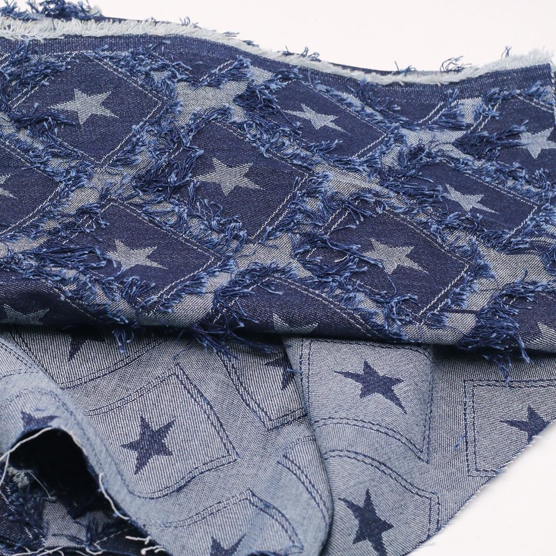 10 oz Star Pattern Denim Jacquard Fabric,Deep Blue,Non-Stretch,Water-Washed with Fringe
