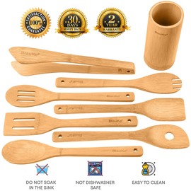 Wooden Kitchen Utensil Set 8-Piece - Kitchen Utensils Spatula Set Wood - Cooking Spoon Cookware with Spatula, Slotted Spoon, Tongs, Turner, Kitchen Utensil Holder - Bamboo Cooking Utensils - BlauKe®