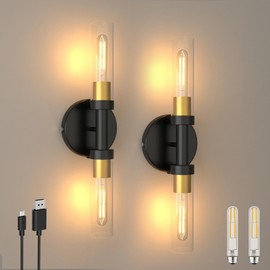 ThyFenno Rechargeable Battery Operated Wall Sconce Set of 2, Dimmable Wall Light with Touch Control, Wireless Bathroom Vanity Lights Over Mirror, Modern Wall Lamp for Living Room Hallway, Black Gold