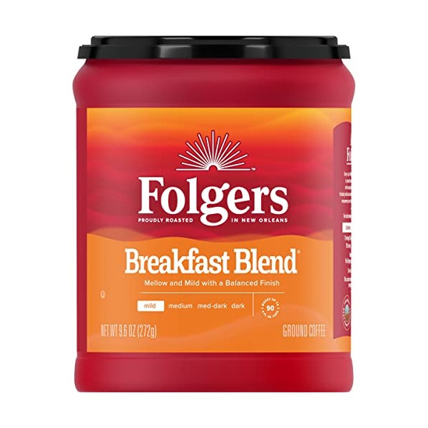 Folgers Breakfast Blend Ground Coffee, Smooth & Mild Coffee, 9.6 Ounce Canister