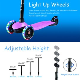 Kick Scooter for Kids Boys Girls, 3 Wheel Scooter for Toddler for 2-5 Years Old, Adjustable Height, Light Up Flashing Wheels, Removable Handlebar, Lean to Steer, Easy to Carry, Pink