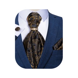 DiBanGu Black Gold Ascot Tie Woven Paisley Cravat Tie Silk Pocket Square Cufflinks Tie Ring Set
