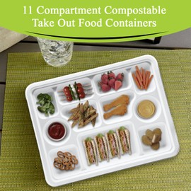 three leaf 11 Compartment Bagasse Rectangular Plate, 25 Ct. PFAS-Free, Heavy Duty, Sugarcane Fiber, Eco Friendly Disposable, 100% Biodegradable, Microwave and Freezer Safe, Ideal for Lunch, Buffet