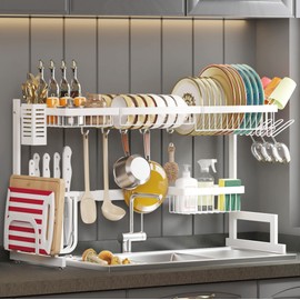 PUSDON Over Sink Dish Drying Rack Stainless Steel, Adjustable Large Dish Drainer for Storage Kitchen Organization White 2 Tier - Standard(26"-38")