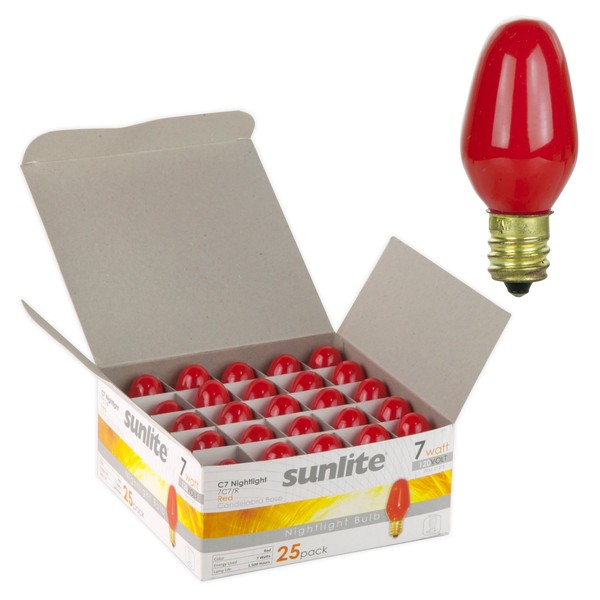 Sunlite 7C7/R Incandescent 7-Watt, Candelabra Based, C7 Night Light Colored Bulb, Red