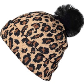 XYIYI Kids Soft Cheetah Knit Beanie Hat with Leopard Pattern and Fur Pom for Boys Girls