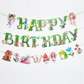 3Pcs Fairy Birthday Party Decorations First Birthday Banner, Glittery Fairies Themed Flower Garden Decoration 1st Happy Birthday Banner Party Supplies for Girl Baby Shower