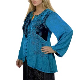 Agan Traders 2025 Summer Rayon Bohemian Tops for Women - Button Down Long/Short Sleeve Women Embroidered Blouse (601 B, L, BL) Blue
