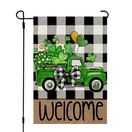 CROWNED BEAUTY St Patricks Day Shamrocks Truck Garden Flag 12x18 Inch Double Sided for Outside Small Burlap Buffalo Plaid Welcome Holiday Yard Flag