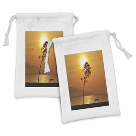 Ambesonne Tree Fabric Pouch Set of 2, Lonely Sunset Tree by the Sea Sun Disappears and Day Fades down Twilight Concept Print, Small Drawstring Bag for Toiletries Masks and Favors, 9" x 6", Orange