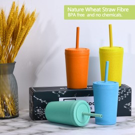 Homestockplus Reusable Wheat Straw Cups with Lids and Silicone Straws, 10 Oz Chip Resistant E-Co Friendly Small Water Cups for Milk, Drinks, Smoothies - 4 Colors