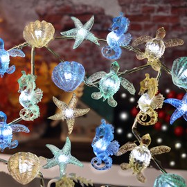 Nautical String Lights Sea Life Ocean Fairy Lights Plug in or Battery Operated Beach Decoration for Bedroom Turtle Seahorse Clam Starfish Marine Life String Lights 30LED 10ft Christmas Window Decor