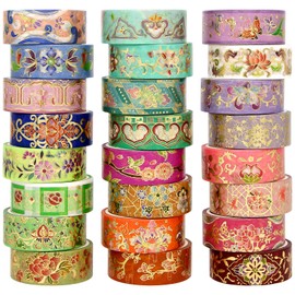 24 Rolls Gold Foil Floral Washi Tape Set, Decorative Tape for Scrapbooking, Bullet Journaling, Planner, DIY Crafts - Floral Feast