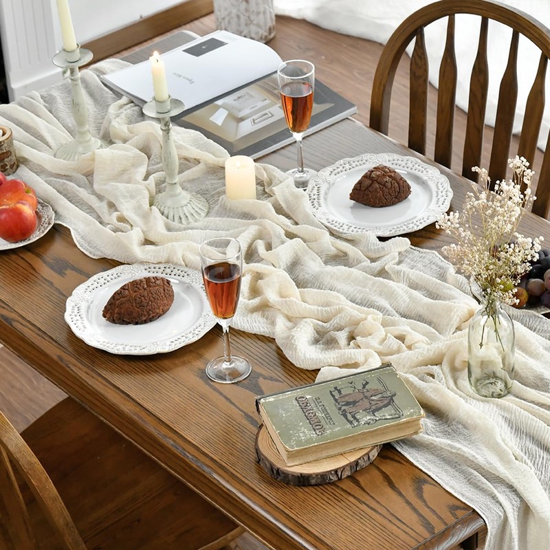 Artoid Mode Boho Beige Gauze Wedding Cheesecloth Table Runner, Seasonal