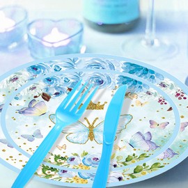 Wuhetyo 61pcs Bridal Shower Paper Plates and Napkins Disposable Tableware Set for Engagement Bridal Shower Wedding Party Decorations (Plates,Tablecloth,Napkin,Knife & Fork,Serves 10)