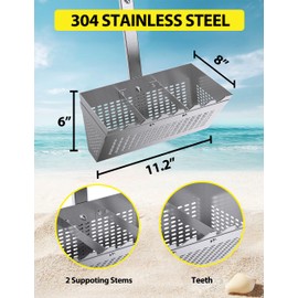 Sand Fleas Rake, MUSVOH Sand Fleas Rake for Beach, 11.2'' Wide Trapezoidal Basket with 2 Supporting Stems&Sharp Teeth, 36.2" Detachable Long Ergonomic T Handle,Stainless Steel Sand Rake for Beach