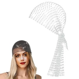 AWOCAN Mesh Rhinestone Headband Hats for Women Glitter Elastic Wide Headscarfs Crystal Hair Wraps Scarf (WHITE)