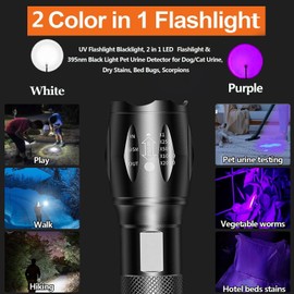 HYVCZP Rechargeable 2 in 1 UV Flashlight, Portable Waterproof Black Light Flashlight, LED Flashlight with White and UV Light Combination, Black Light Pet Urine Detector for Dog/Cat Urine, Dry Stains