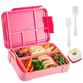 Lifenova Bento Lunch Box,5 Compartment Adults Lunch Box with Spoon,1330 ML Leak Proof Lunch Containers for School,Work and Travel,BPA Free(Rose red)