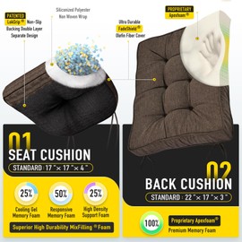 SUNROX Memory Foam Non Slip Rocking Chair Cushion, FadeShield Water Resistant Thicken Durable Tufted Pads, Set of Seat & Back Cushion with Ties for Indoor/Outdoor Rocker, 2 Piece, Heather Chestnut
