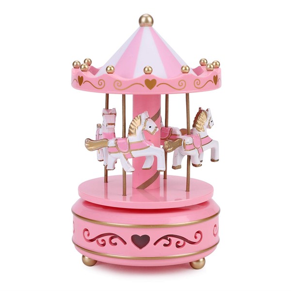 Qchomee Windup 4-Horse Rotating Carousel Classical Music Box Merry-go-round with Colorful Change LED Luminous Light Melody Artware Birthday Christmas Festival Musical Present Home Accessories