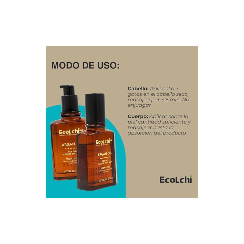 EcoLchi Aceite de Argán Profesional, para Cabello Seco o Piel