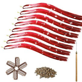 Red Hair Tinsel Kit, COLOR SHE Tinsel Hair Extensions with 8 Packs 48inch 1600 Stands Glitter Sparkle Colorful Shiny Tensile, Cute clawclips Tools Beads Prefect for Kids Girls Women Hair Accessories Set (red)