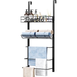 SWTYMIKI Over Door Towel Rack - 5-Tier Towel Racks for Bathroom, Wall Mounted Towel Holder with Metal Shelf, Towel Storage Organizer for Bath, Hand Towels, Black
