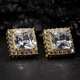Steelt Knitted Iced Princess Cut Square Shape Cubic Zirconia Gold Plated Men's Stud Earrings