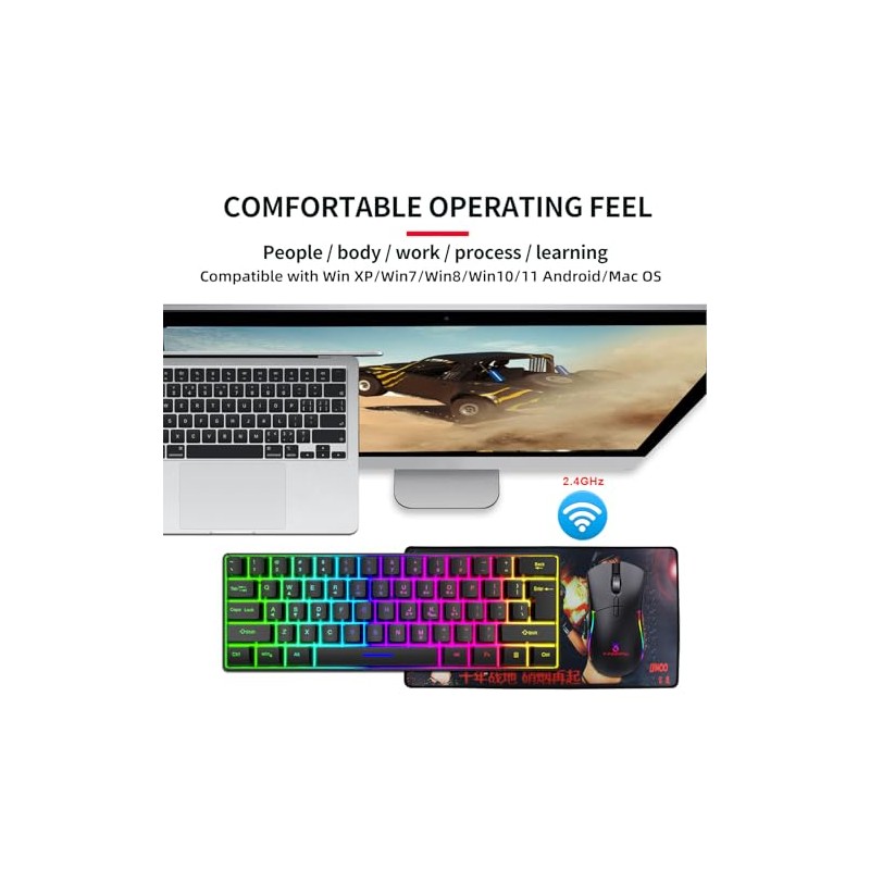 Teclado inalámbrico para Gaming, retroiluminación RGB, 61 Teclas Recargable, 2.4G,