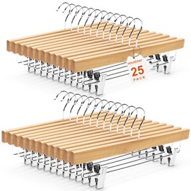 HOUSE DAY Premium Wooden Pants Hangers 25 Pack, Solid Lotus Wood Skirt Hangers with 2-Adjustable Clips, Heavy Duty & Anti Slip Wood Bottom Hanger for Slacks, Jeans, Trousers, Shorts (Natural)