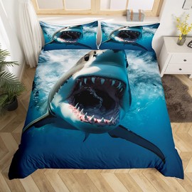 Shark Duvet Cover Set Twin Size,Ocean Animal Sealife Bedding Set,Boys Men Room Decor,Underwater World Marine Creature Comforter Cover,Sea Blue Quilt Cover,1 Pillowcase(No Filler)