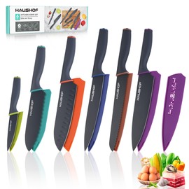 HAUSHOF Kitchen Knife Set, 12-Piece Knives Set with 6 colorful Sheaths, Non-Stick Coated Stainless Steel Blades for Slicing, Dicing&Cutting, Gifts Knife Set for Dad, Mom, Husband and Wife