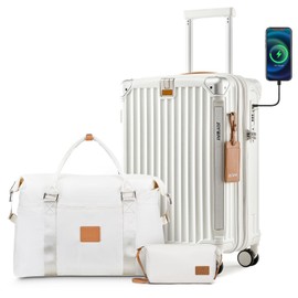 Joyway Joyway 20in Carry On Luggage with Cup Holder and USB Port, 25% Expandable Capacity, Smart Suitcase with Anti Slip Wheels and Handbag, Perfect for Men and Women 3 Piece Set White