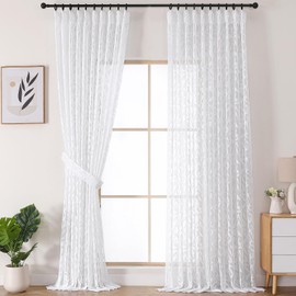 Lecloud Pinch Pleated Sheer White Curtains 108 Inches Long 2 Panels for Large Window, 60 Inch Extra Wide Semi Sheer Jacquard Textured Living Room Curtains with Hooks Rings Back Tab, 60" W x 108" L
