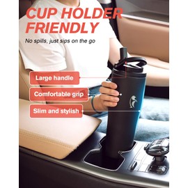 Coolflask 32 oz Insulated Water Bottle - Slim Tumbler with Straw & Handle - Car Cup Holder Friendly - Stainless Steel Thermo Flask for Sports, Gym, Travel, Office, Dishwasher Safe, Black